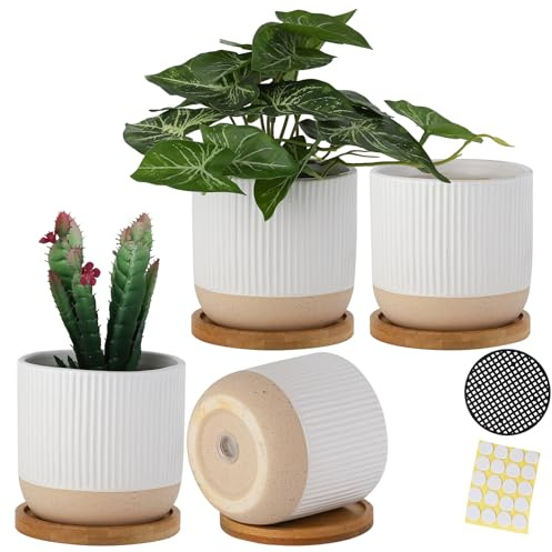 BABALIU 4 Inch Ceramic Plant Pots with Drainage Holes and Trays, Modern Small Minimalist Flower Planter Pot with Saucers for Indoor Plants, Succulent, Snake Plants, Cactus & Herbs, White, Set of 4