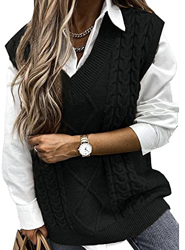 Voqeen Pull Femme Gilet en Tricot sans Manches Blouson Col V Pullover Chandail Chaud Bureau Tops Automne Hiver Veste Sweater Simple Cadeaux de Noël La Saint-Valentin Anniversaire(Noir,XL)