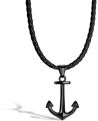 SERASAR Lederkette Herren Leder-Halskette mit Anker Anhänger - 60cm Schwarz Lederband Kette Schmuck-Schachtel für Männer Geschenk Maritim Leather Necklace Men Jewelry Band