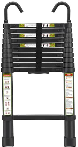 RIKADE Telescoping Ladder, 10.5 FT Lightweight Collapsible Ladder with Detachable Hooks, 330 lbs Capacity, Extension Ladder for Attic, Loft & Household, Black