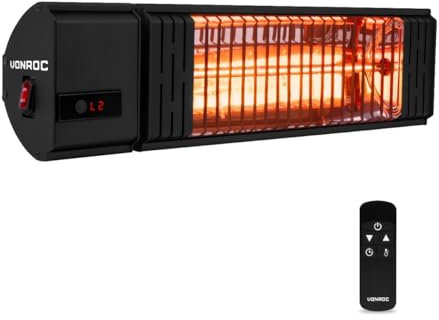 VONROC Chauffage Terrasse Extérieur Volsini 2000W - Chauffage Mural Noir IP54-2 Températures, Chauffe en 1 seconde - Avec Télécommande - Lampe Golden Amber Low Glare - Fixation Murale ou Suspendu