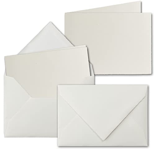 100x DIN A6 Vintage Faltkarten-Set mit gefütterten Briefumschlägen, Büttenpapier, 105 x 148 mm - quer-doppelt, Naturweiß - Karten aus Büttenpapier