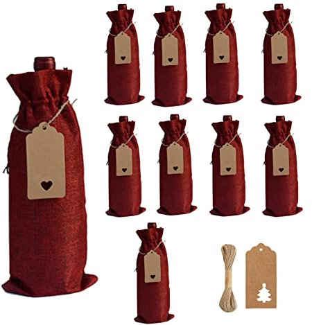 PW TOOLS Sacs Cadeaux en Toile de Jute, Paquet de 10 Sacs pour Bouteilles de vin en Lin avec Cordon de Serrage, Couvre-Bouteilles de vin réutilisables avec Ficelle de 10 m et étiquettes en Papier