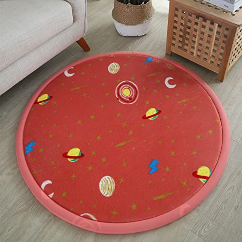 Loartee korallenrote Samtmatte Teppich Rund, als Krabbeldecke fürs Kind,2,5cm Dicker Kinderteppich,Stern rosa,100cm