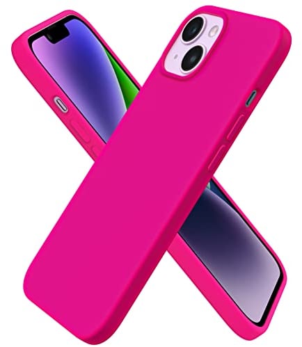 ORNARTO Compatible with iPhone 14 Case 6.1, Slim Liquid Silicone 3 Layers Full Covered Soft Gel Rubber Case Cover 6.1 inch-Hot Pink