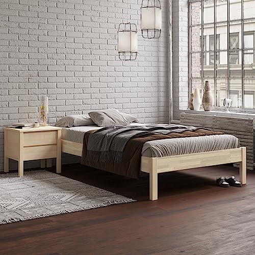 Hansales Holzbett 140x200 cm Lauli Scandi Style mit Rollrost aus unbehandeltem hartem FSC® Birken Vollholz - über 350 kg - Doppelbett Bettgestell - ohne Kopfteil - Kinderbett Jugendbett Gästebett