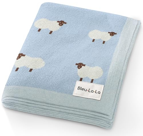 Bleu La La Empfangs Babydecke - 100% Luxuriöse Weichbaumwollstrick Warme Gemütliche Kuscheldecke für Kinderwagen und WiegePuckdecke für Neugeborene Säuglinge und Kleinkinder (Schaf - Blau)