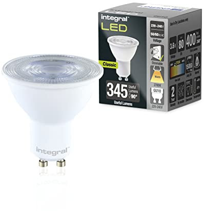 Integral Lampadina LED GU10 5 PACK Caldo 2700 K, 400 lm, 3,6 W (equivalente a 50 W) dimmerabile, efficiente in energia e ideale per faretti e faretti in bagni, cucine,