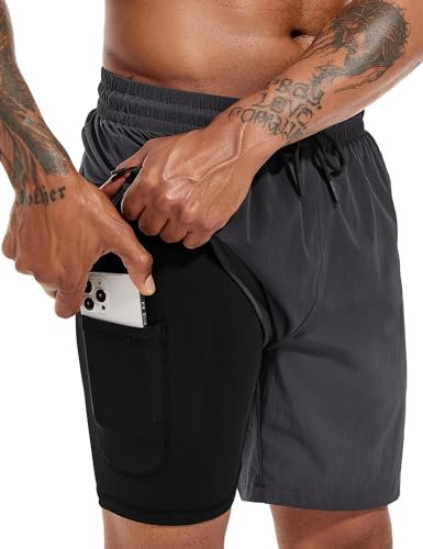 Atforna Herren Badehose Kompression 2 in 1 Badeshorts mit Innenhose Kordelzug Schwimmhose Kurz Schnelltrocknend Strandhose Elastisch Sport Freizeit Shorts Dunkel Grau L