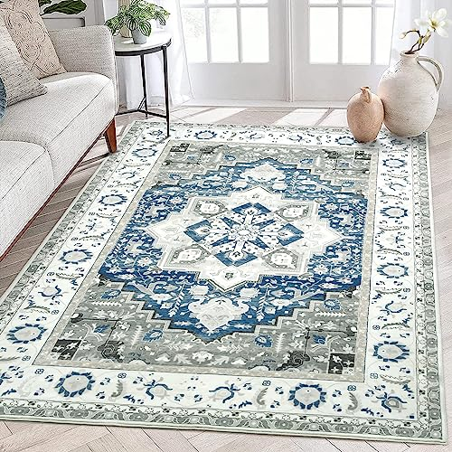LuxFocus Teppiche Wohnzimmer Großer Teppich Blau 160x230 cm Traditionell Floral Teppich Maschinenwaschbar Orientalisches Design Bodenmatte mit Kurzflor für Schlafzimmer Schmutzabweisend