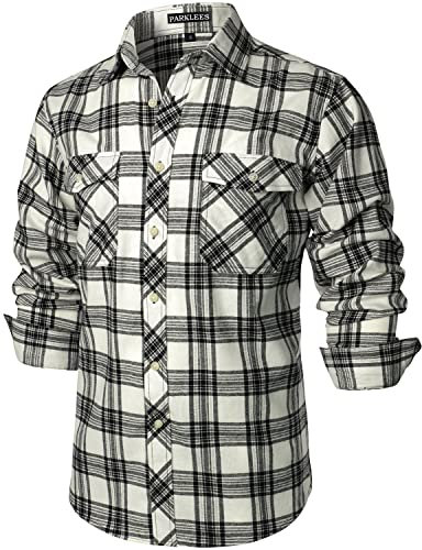 PARKLEES Chemise décontractée pour homme - Coupe droite - Boutonnée - Carreaux - En flanelle - Avec poches, beige, XL