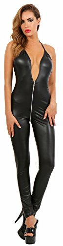 MISS NOIR 18235 Damen Rückenfreier Overall im Wetlook – Sexy Jumpsuit mit 4-Wege-Reißverschluss Playsuit Clubwear (Black (18235-bk), XS)