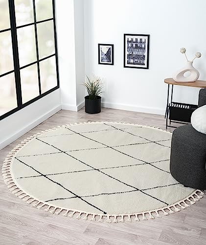MY-RUG Teppich Freya rund weiß 190 x 190 cm - Maschinengewebter Skandinavischer Geometrischer Teppich für das Kinderzimmer