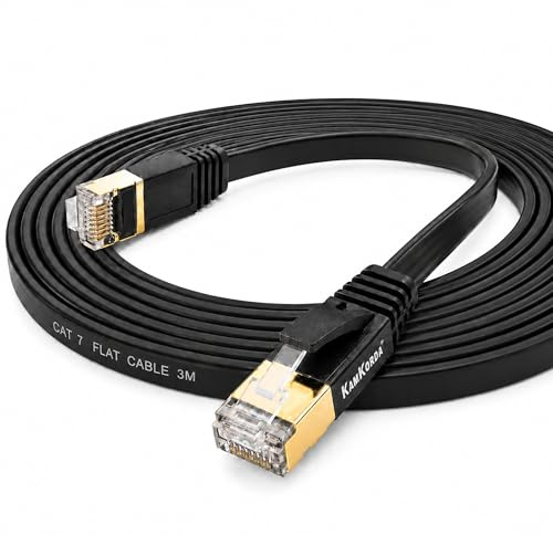 KamKorda Flat Ethernet Cable 3m, High Speed 10Gbps LAN Cable, RJ45 Network Cable for Gaming, Streaming, Router, Smart TV, PC, Modem, Black Cat 7 Cable