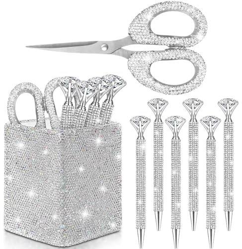 Qilery 8 x glitzernde Schreibtisch-Accessoires, Geschenk mit 1 glitzernden Stifthalter, 6 x Kristall-Strass-Stifte, 1 x Kristallschere, Glitzer, Make-up-Pinselhalter, Kosmetik-Organizer, Weiß