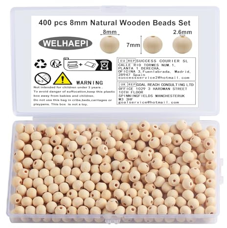 400 Pcs Natural Round Wood Beads Set with Storage Box for DIY, Jewelry Craft Making, Crafting, Handmade Decorations, Wooden Decorative Beads (8mm)