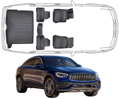 Trimak Passgenau 3D Fussmatten & Kofferraumwanne Auto Set Kompatibel mit Mercedes GLC Coupe C253 2016-2023 Auto Zubehör Gummimatten & Kofferraummatte Autos Allwetter Geruchlos rutschfest Schwarz