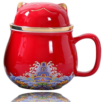 Derart belle tasse à thé et couvercle filtrant 300ml porcelaine large bouche, facile à nettoyer, garder le thé chaud, café, lait, chat mignon, rouge