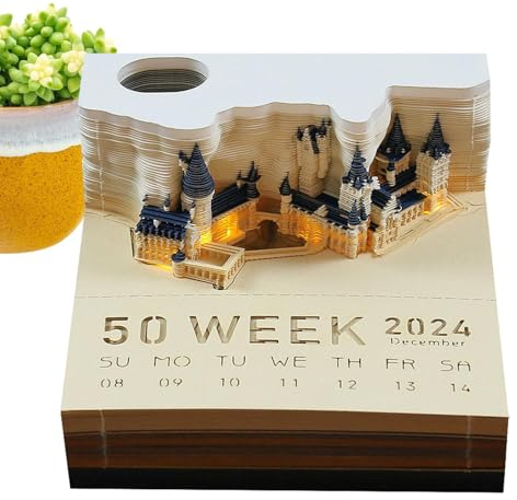 Geteawily Kalender Abreißen 2024 | Calendar 2024 | Tischkalender Mit Lichtern Tischkalender 2024 Baumhaus Notizblock LED Kalender | Memo Pad Papier Kunst Sakura Baum Notizblock Papier Schnitzen