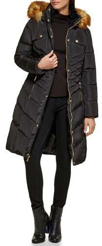 GUESS Damen Women's Midweight Puffer Jacket Daunenalternativer Mantel, Kunstfellkapuze schwarz, M