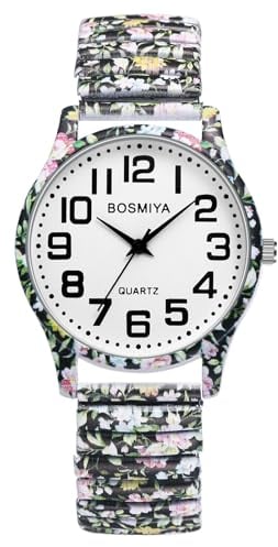 JewelryWe Uhren Damen Elastisch Edelstahl: Böhmische Blumen Blumendruck Analog Quarz Armbanduhr Frauen Edelstahl Stretch Armband Uhr Damenuhr mit großen arabischen Ziffern Zifferblatt