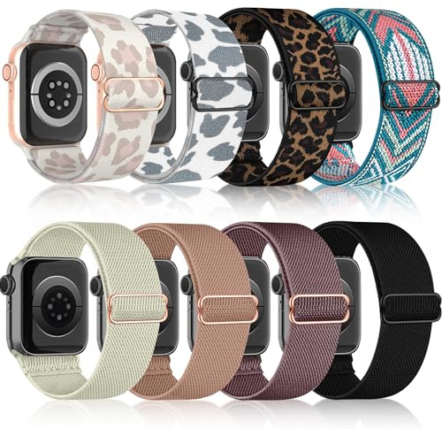 Chinbersky 8 Stück Elastisches Nylon Loop Armband Kompatibel mit Apple Watch Armband 45mm 44mm 42mm 46mm 49mm,Stoff Verstellbares Dehnbare Ersatzband für iWatch Ultra Series 11/10/9/8/7/6/5/4/3/2/1/SE