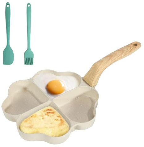 Bocguy Pankache Padella, pentola per Pancake, Antiaderente Padella per 4 Fori A Forma di Cuore Padella in Alluminio Per Colazione Hamburger Uova Fritte per Induzione e Gas, Bianco
