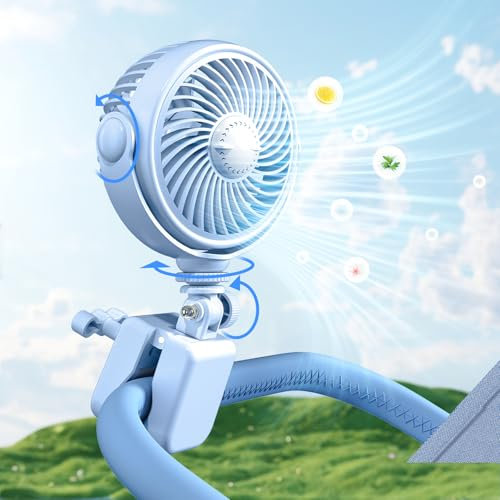 Nauttxon Rechargeable Stroller Fan Clip On for Baby - Crip Fan for Babies Battery Operated for Stroller Bike Travel Trip Camping, 360°Rotatable, 4 Wind Speed,Blue