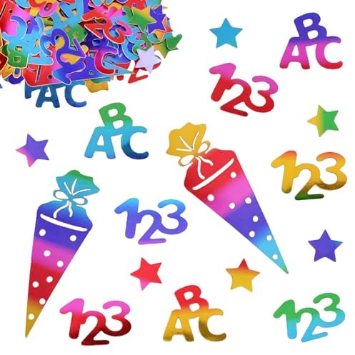 BETESSIN 60 Stück Einschulung Konfetti Glänzend Bunt - Schultüte Streudeko Groß - Schulkind Tischdekoration für Schuleinführung, Schulanfang, Einschulung Mädchen und Jungen