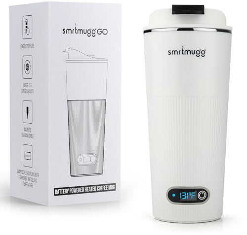 SmrtMugg GO Heated Coffee Mug, Travel Mug, 13.5 OZ. Smart Mug, Battery Powered Heated Coffee Mug, Great for Coffee and Tea, Snap on Magnetic Charging Cord, New and Improved (White)