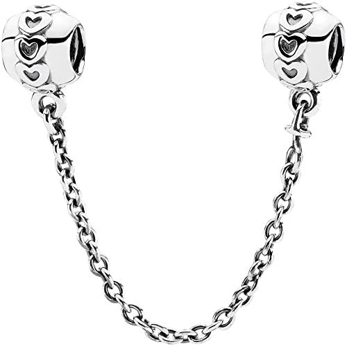 CWOne Designs Sterling Silver Safety Chain Charm, Ideal for Pandora Bracelets and Necklaces, Charm for Mum, Daughter, Wife, Sister, Niece, Birthday and Love Gift for Women (Love Heart Safety)