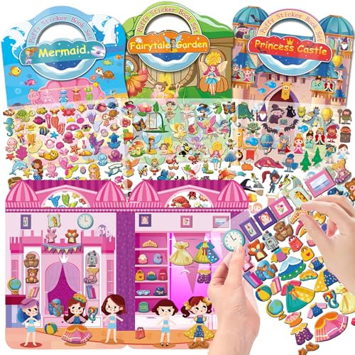 OSIMIG 4 Set Dress Me Up Stickerbuch Mädchen Wiederverwendbare Stickerbücher, 220+ 3D Puffy Sticker Kinder, Immer Wieder Stickerbuch inklusive Prinzessin, Meerjungfrau, Fee, Modemädchen