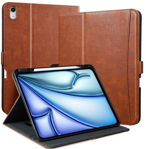 Zinibri Custodia Cover per iPad Air 13 Pollici M3 2025/M2 2024 A3268 A3269 A3271 A2898 A2899 A2900 con Portapenna Tasca Cinghie Pelle PU Multi Angolo Supporto Chiusura Magnetica Case, Marrone