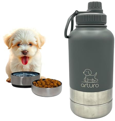 Todo en uno - Termo auténtico Acero - con Plato para Comida y Plato Bebida - Comparte el Agua Fresca - Botella paseo Perros - Bebedero Perro antigoteo portátil - Termo para Agua y Comida. Gris