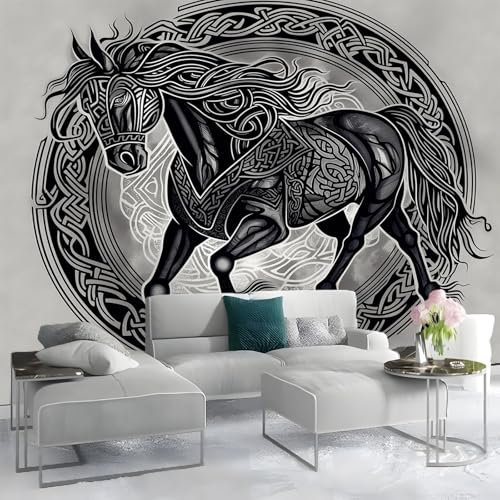 Wallpaper Ink Celtic Horse Symbol Bedroom Living Room 350 x 256 cm Non-Woven Premium Art Print Fleece Wall Mural Decoration Poster Picture Design Modern Black
