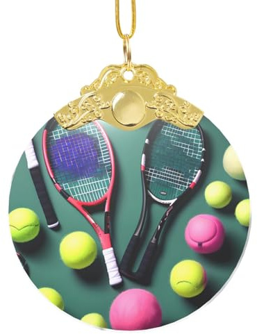 Glass Round Christmas Tree Hanging Funny Tennis Racquets and Tennis Balls Print Xmas Ornaments for Christmas Parties Home Decor Gifts