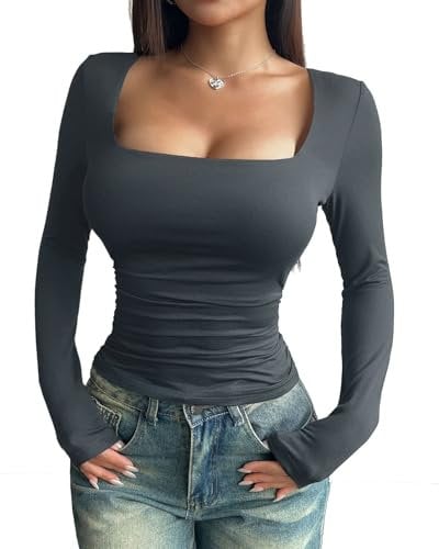 YNIQUE Women's Long Sleeve Shirt Classic Basic T-Shirt Y2K Slim Fit Sexy Crop Top Casual Sweatshirt Round Neck Tee Shirt Pullover Grey