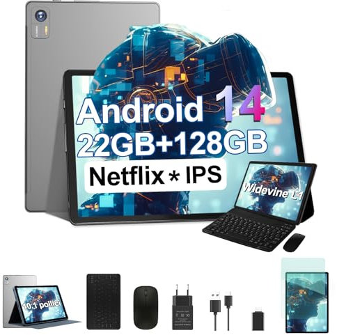 Bvlary 2025 Newest Tablet Android 14 10 Pollici tablet 22GB RAM+128GB ROM(1TB TF),6000mAh, WiFi 6,Octa-Core,2.0Ghz, GMS, 8MP+13MP, BT 5.0,Widevine L1, Tablet PC con Tastiera e Mouse,Custodia - Grigio