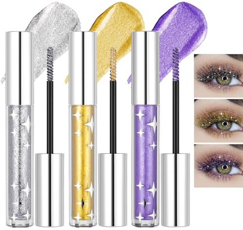 Prreal 3 Colors Glitter Mascara Set, Long Lasting Glitter Lash Mascara, Coloured Mascara Waterproof, Diamond Sparkling Eye Make-Up, Silver Gold Purple Mascara