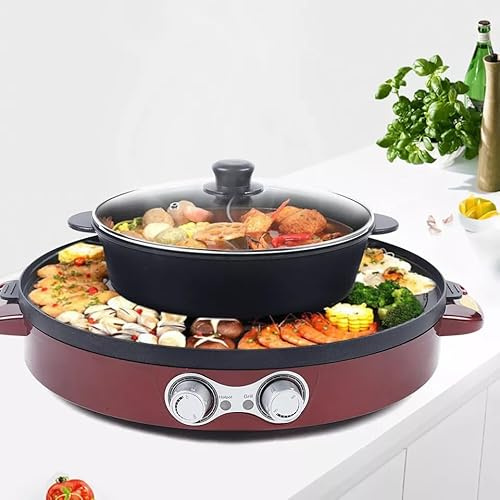 Hot Pot Barbacoa eléctrica 2 en 1 y rasqueta de 2200 W, fácil de limpiar, para el hogar, la sartén y la placa de cocción (rojo)