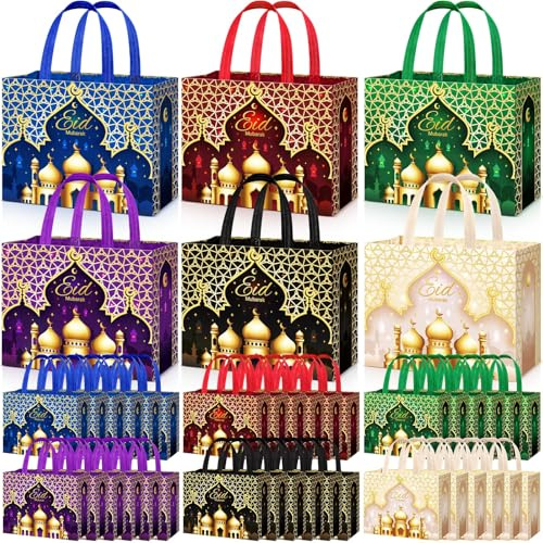Yoojahow Eid Mubarak Geschenktüten mit Griffen, 32 x 24 x 17 cm, groß, wiederverwendbar, Ramadan-Tragetaschen, Eid Mubarak, Vliesbeutel für Geschenke, Verpackung, Einkaufen, Ramadan-Partyzubehör, 36