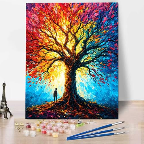 HENJGWEG Arbre Peinture par Numéros Adultes Enfants Débutants, Peinture Numero Adulte DIY Kits de Peinture à l'huile, Peinture par Numéros pour la Décoration de la Maison Paysage 50x65 cm L-4