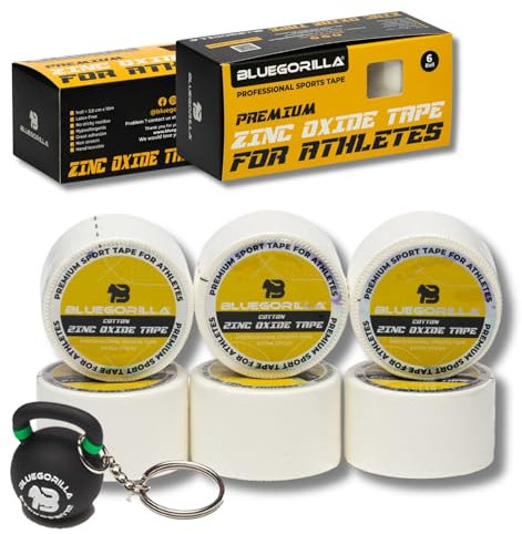 BLUEGORILLA Sporttape, Zinkoxid-Klebeband, 6 x 3,8 cm x 10 m, hypoallergen, schweißfest, nicht elastisch, ideal für Fitness, Laufen, Fußball, Boxen usw.