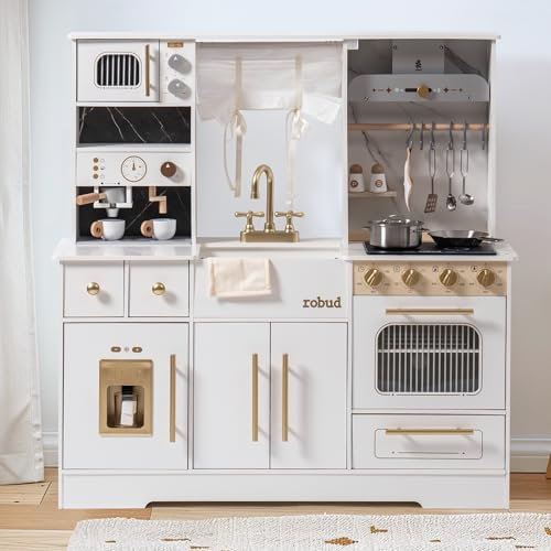ROBUD Juego de Cocina Infantil de Madera – Cocina Moderna Grande Blanca con Nevera, cafetera, máquina de Hielo y más, para niños a Partir de 3 años