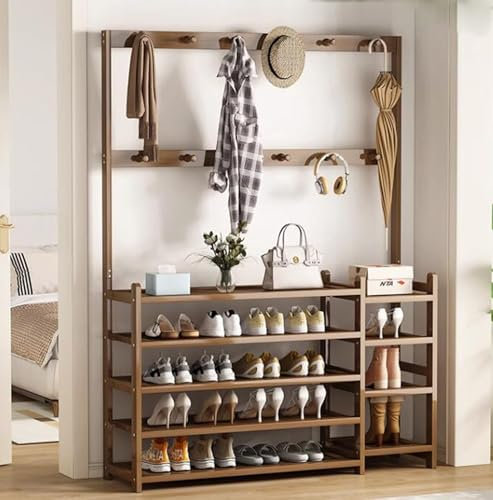 Générique Porte-Manteau sur Pied avec Miroir, Porte-Manteau avec Rangement pour Chaussures et Banc, Porte-Manteau à 5 Niveaux avec 10 Crochets pour l'organisation de l'entrée et des Petits espaces