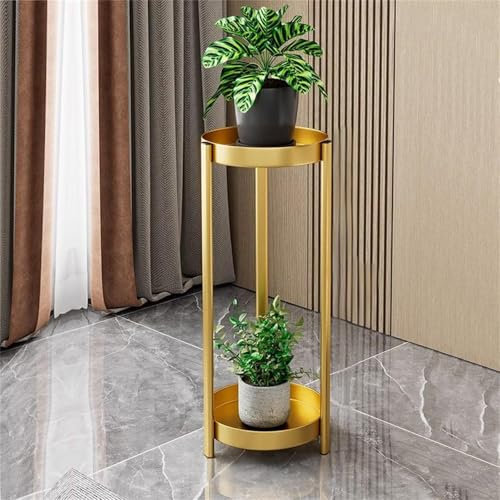 Lzyjck Support pour Plantes d'intérieur et d'extérieur Support pour Pot de Fleurs Haut en métal à 2 Niveaux Support d'angle Rond pour Plantes pour jardinière d'angle, Balcon,d'or,30x30x70cm