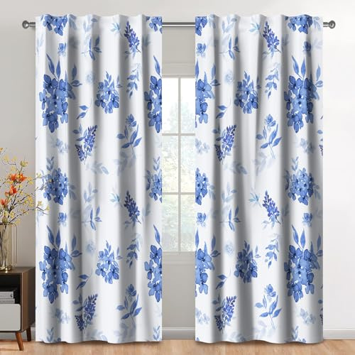 Kzzfqxb 117x138cm Rideaux Floraux à Passe-Tringle 2 Panneaux, Plantes gerbes Fleurs Sauvages Bleues Bouquets Feuilles modèle drapés de fenêtre, décoration élégante pour Salon Chambre Salle à Manger
