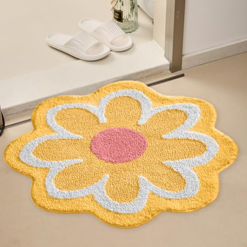 Teppich Badematte rutschfest - 40 x 40 cm Blumen Gänseblümchen Badvorleger Waschbar mit Hoher Hygroskopizität, Badematten für Bad Küche Wohnzimmer Toilette (Gelb)