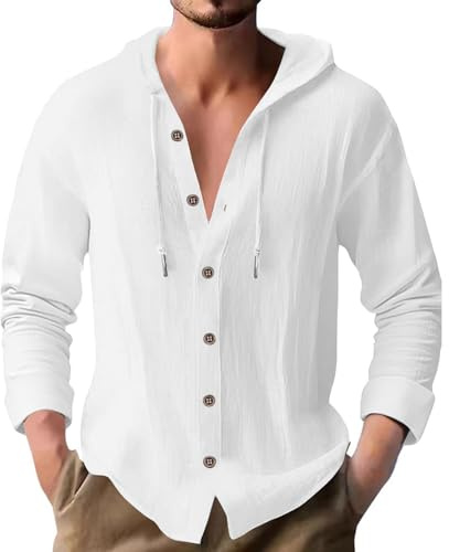 PRIVIMIX Mens Shirts Long Sleeve Linen Shirt Cotton Hooded Tshirt Button Down Lightweight Hoodies Top for Men S-3XL