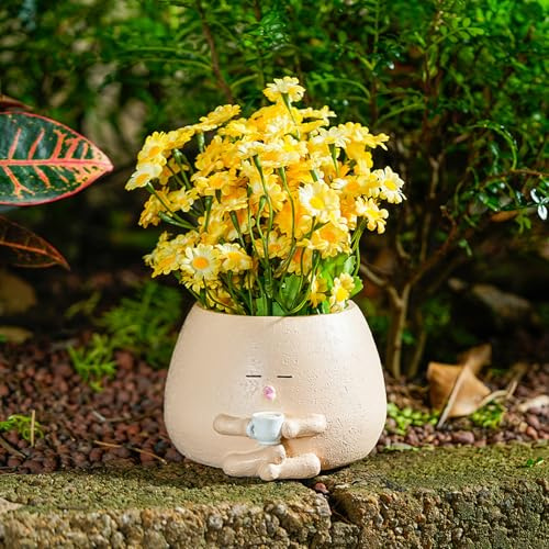 EMINGSKY Fioriera con faccina sorridente con tazza da caffè, graziosa fioriera in resina per piante grasse in vaso, vasi da fiori unici per interni, ufficio ed esterni, decorazione per la mamma
